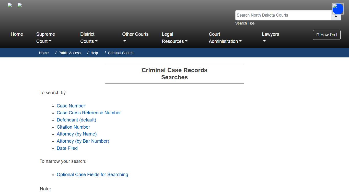 North Dakota Court System - Criminal Case Records Searches